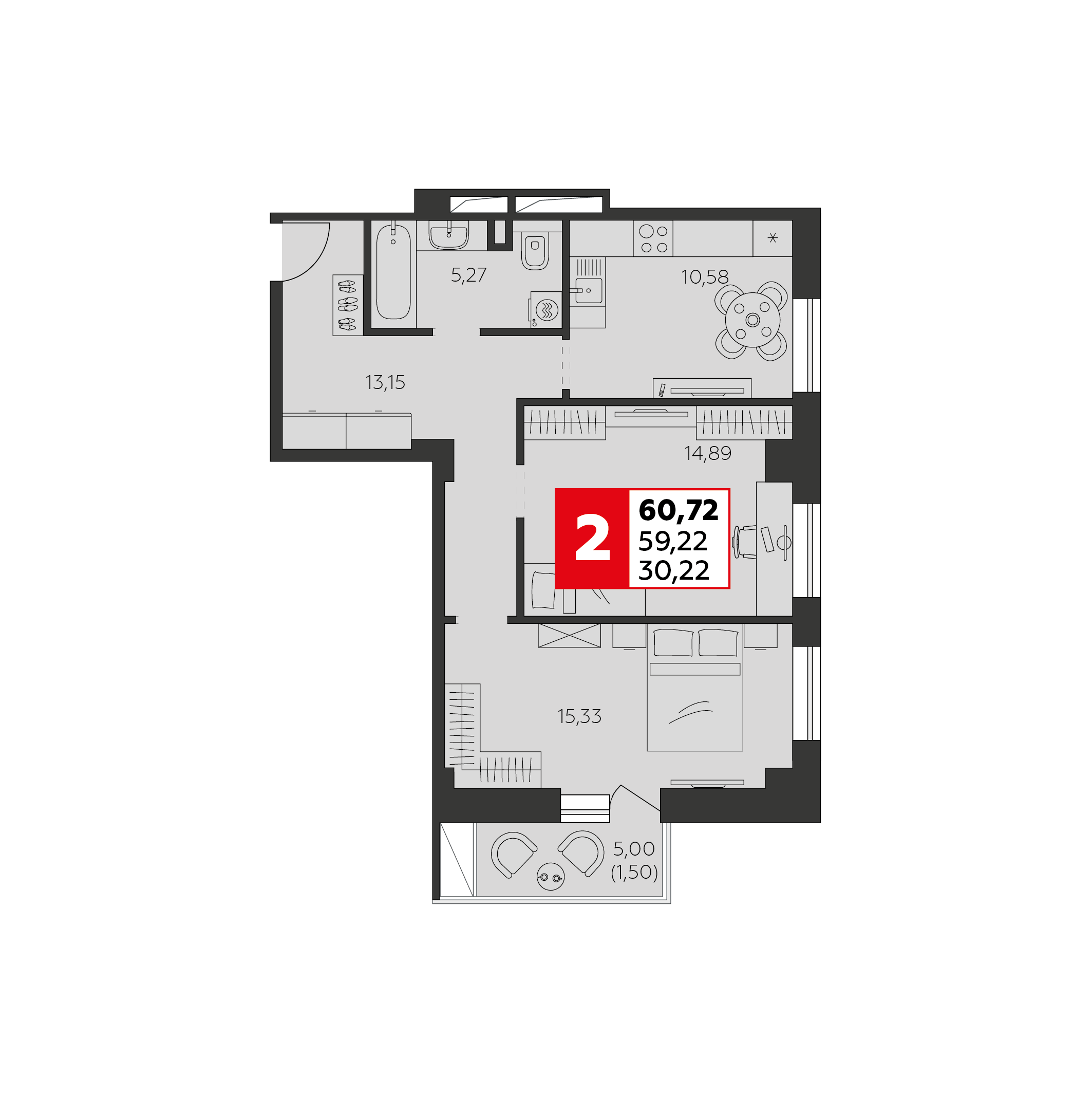 2-комнатная 60 м2 в ЖК Высотка корпус null этаж 8