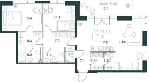 3-комнатная 116 м2 в ЖК Shift корпус null этаж 12