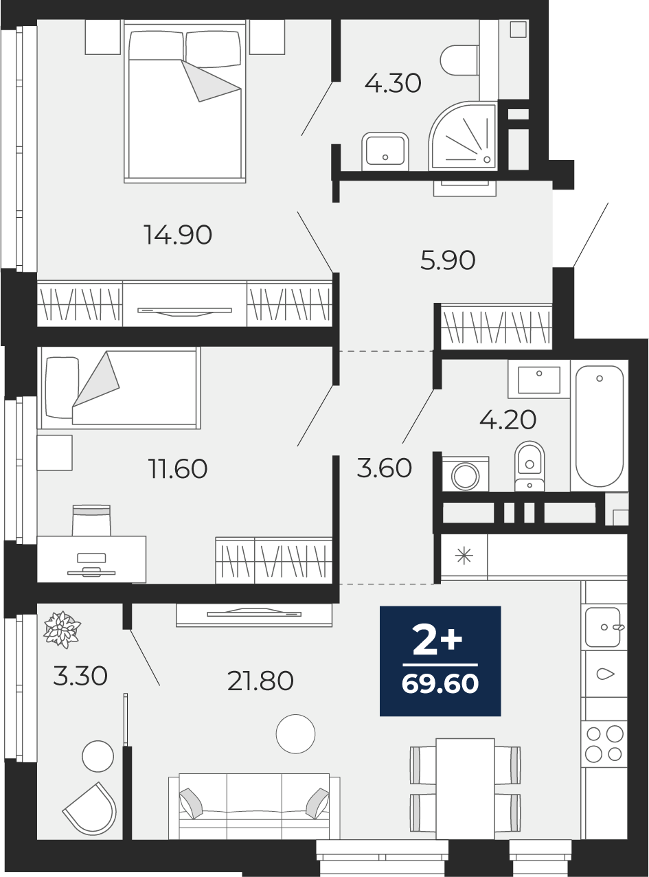 2-комнатная 66 м2 в ЖК Айвазовский корпус null этаж 11