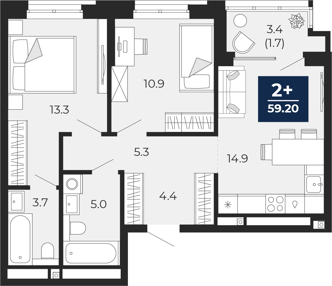 2-комнатная 57 м2 в ЖК Мириады корпус null этаж 12