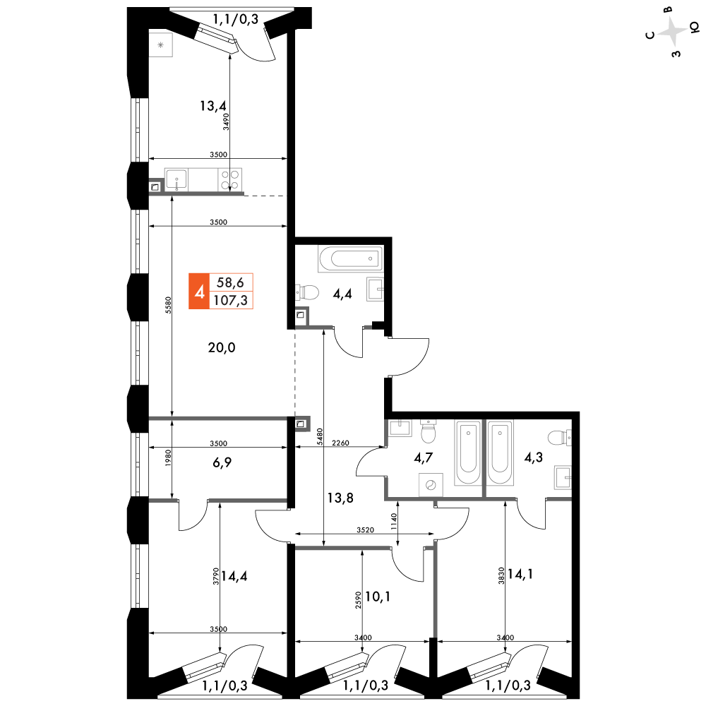 4-комнатная 107 м2 в ЖК Фордевинд корпус null этаж 16