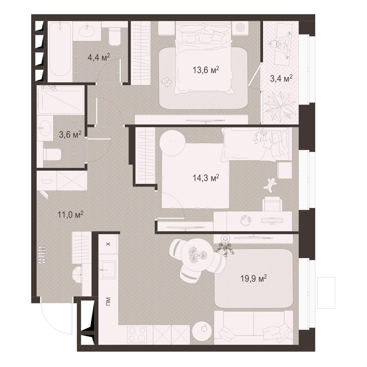 2-комнатная 70 м2 в ЖК Гранд Комфорт-3 корпус null этаж 14