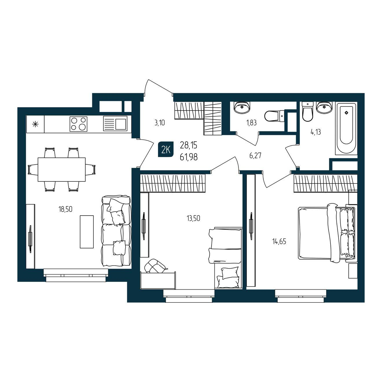 2-комнатная 61 м2 в ЖК Квартал Мятный корпус null этаж 2