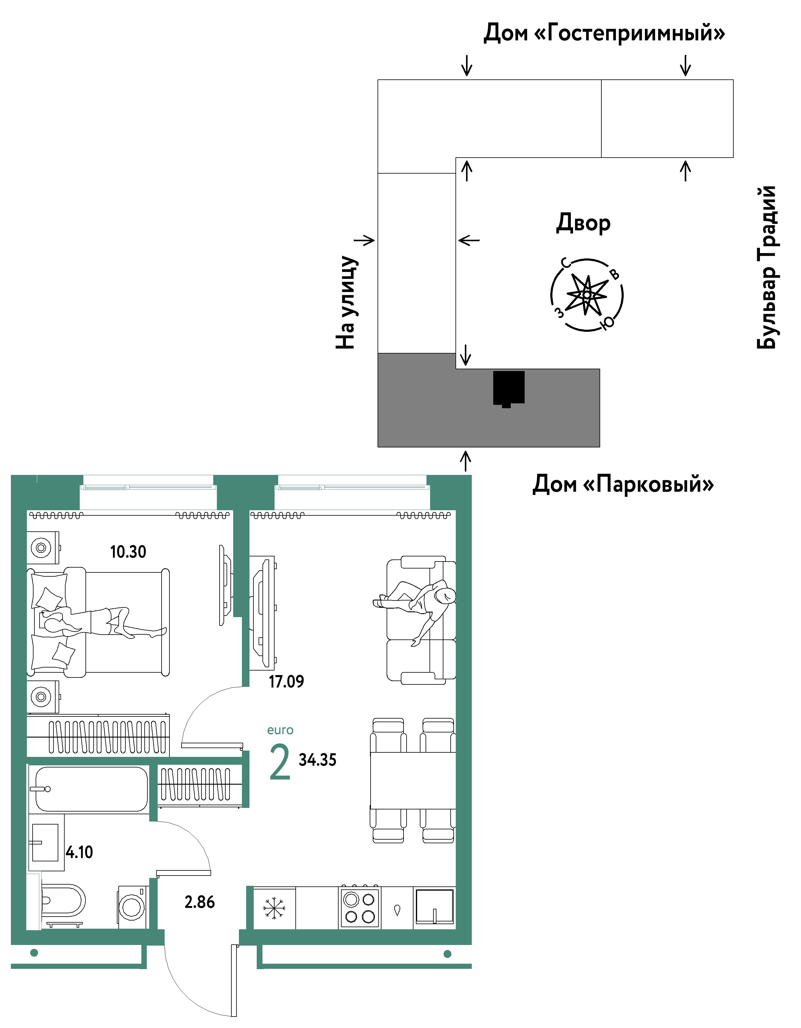 2-комнатная 34 м2 в ЖК Микрорайон Домашний корпус null этаж 13