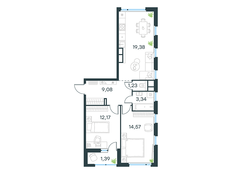 2-комнатная 61 м2 в ЖК Level Лесной корпус null этаж 15