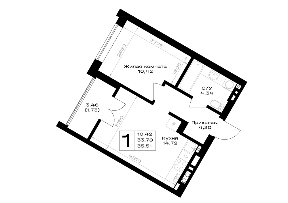 1-комнатная 35 м2 в ЖК Включи корпус null этаж 3