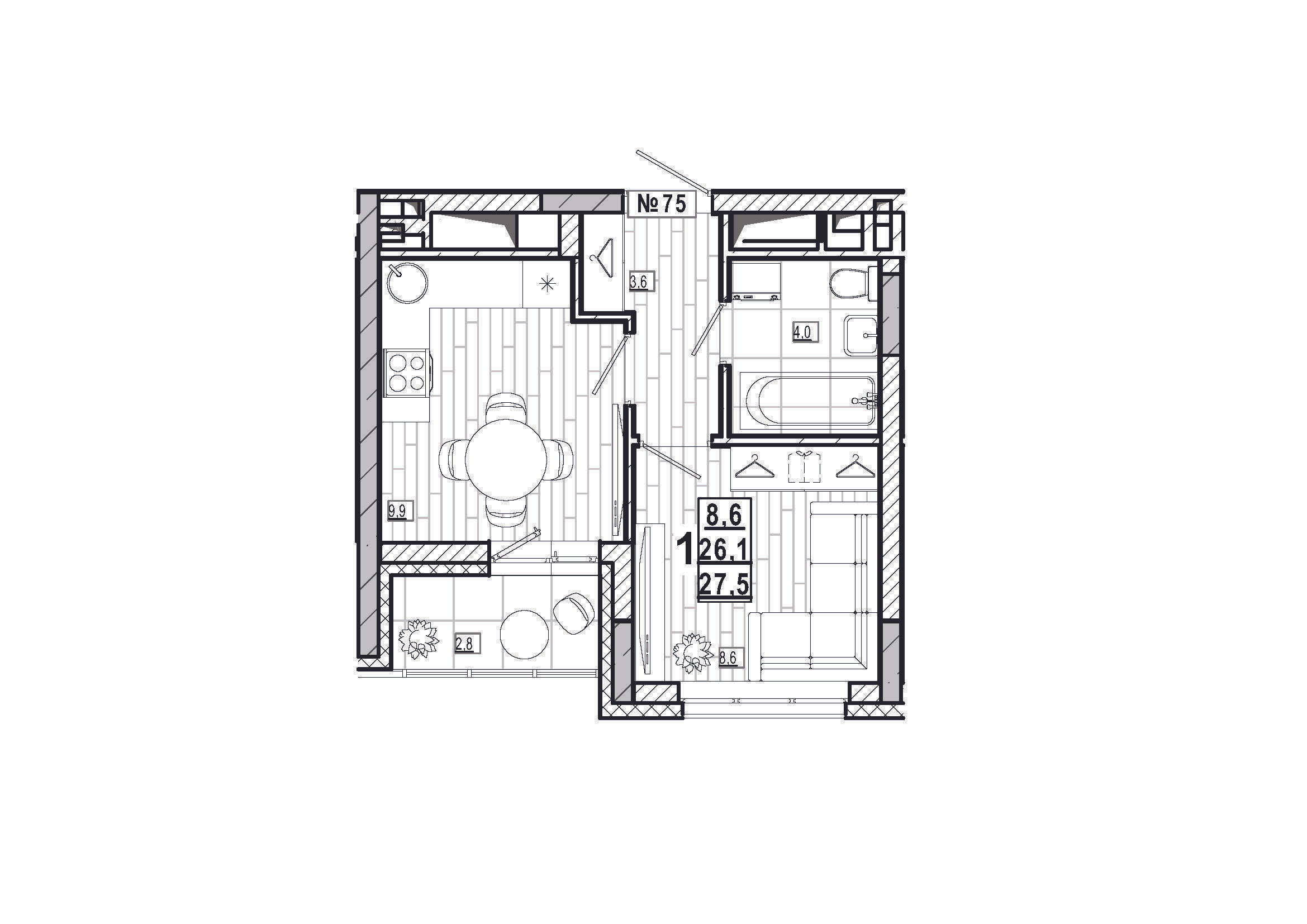1-комнатная 27 м2 в ЖК Дом на Маяковского корпус null этаж 9