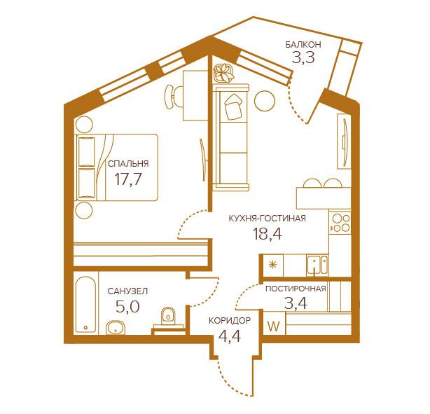 1-комнатная 49 м2 в ЖК Champine корпус null этаж 5