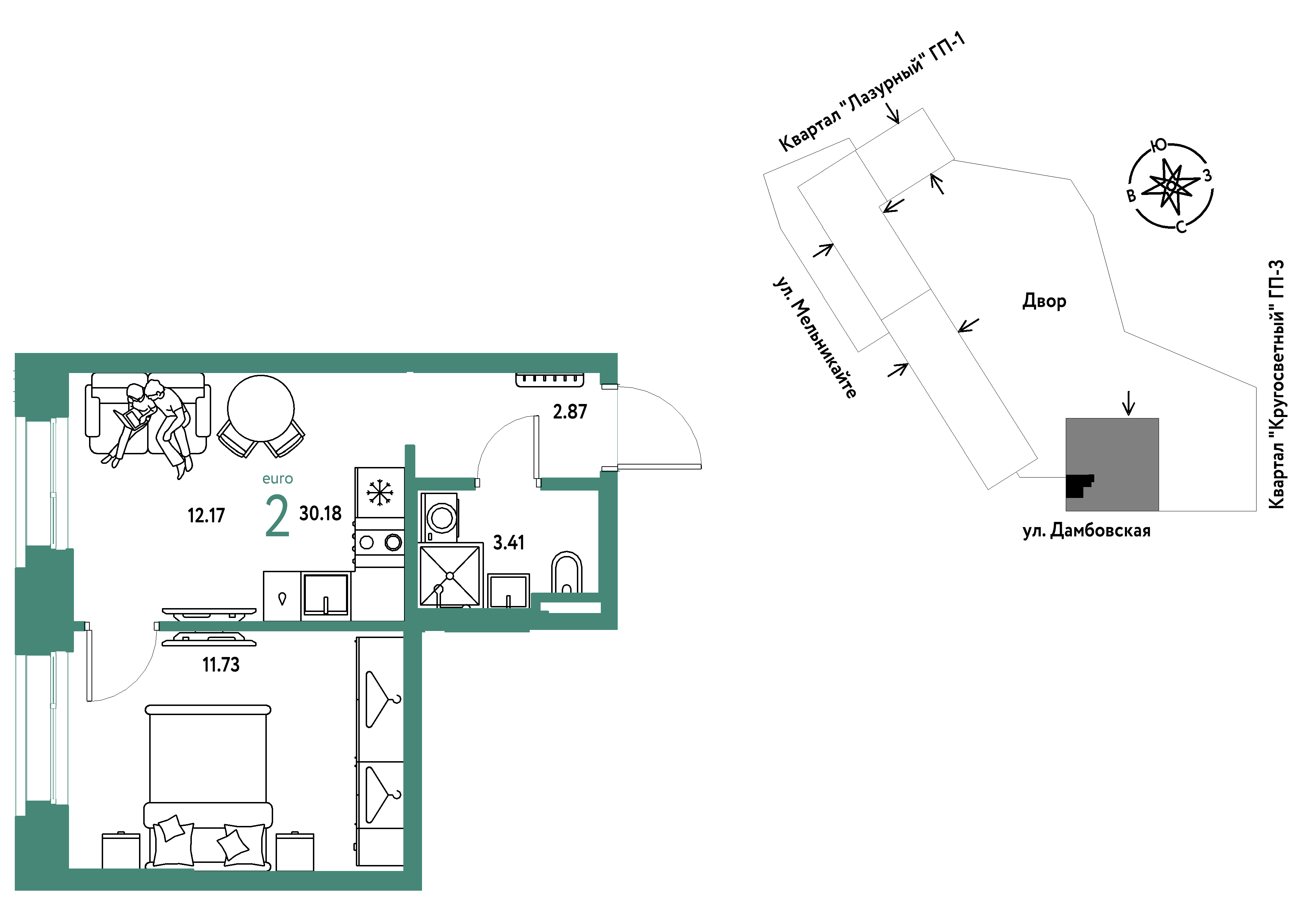 2-комнатная 30 м2 в ЖК Страна.Прибрежная корпус null этаж 1