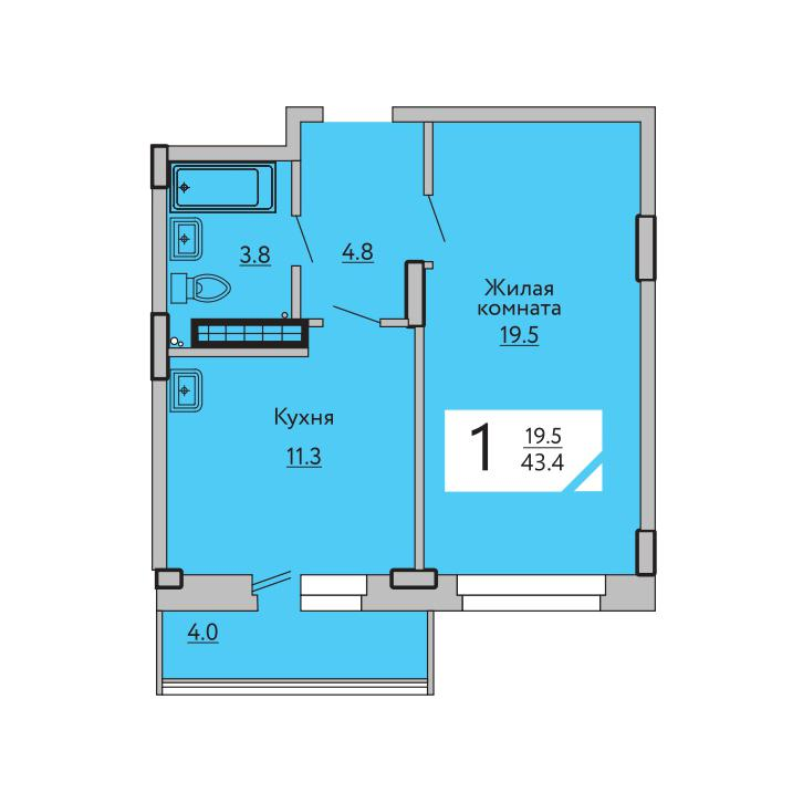 1-комнатная 43 м2 в ЖК Гармония корпус null этаж 12