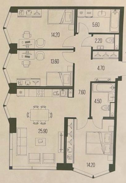 4-комнатная 92.5 м2 в ЖК undefined корпус null этаж 13