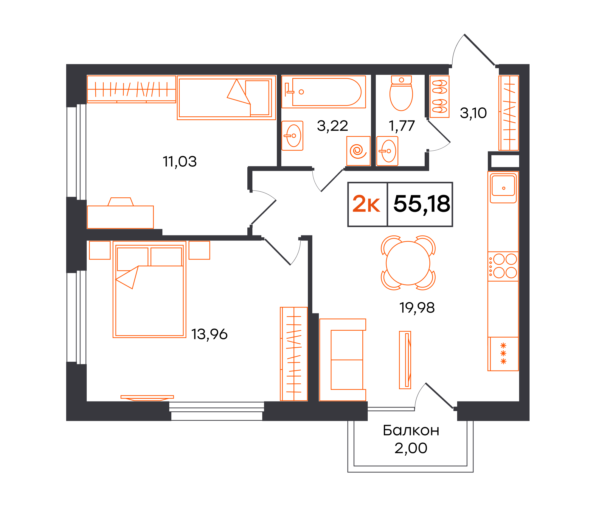 2-комнатная 55 м2 в ЖК Фатера корпус null этаж 7