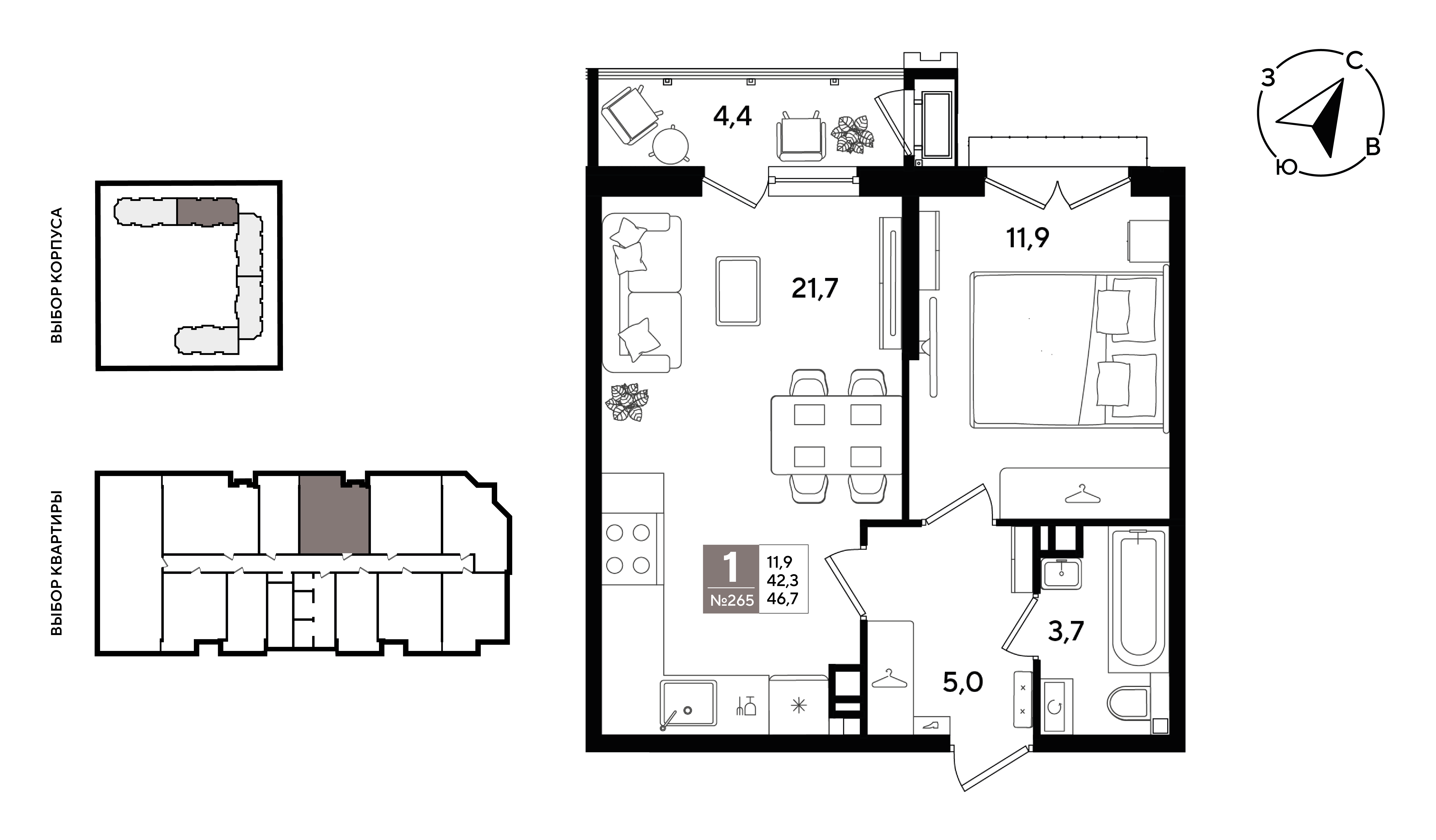 1-комнатная 46 м2 в ЖК Рекорд 2 корпус null этаж 7