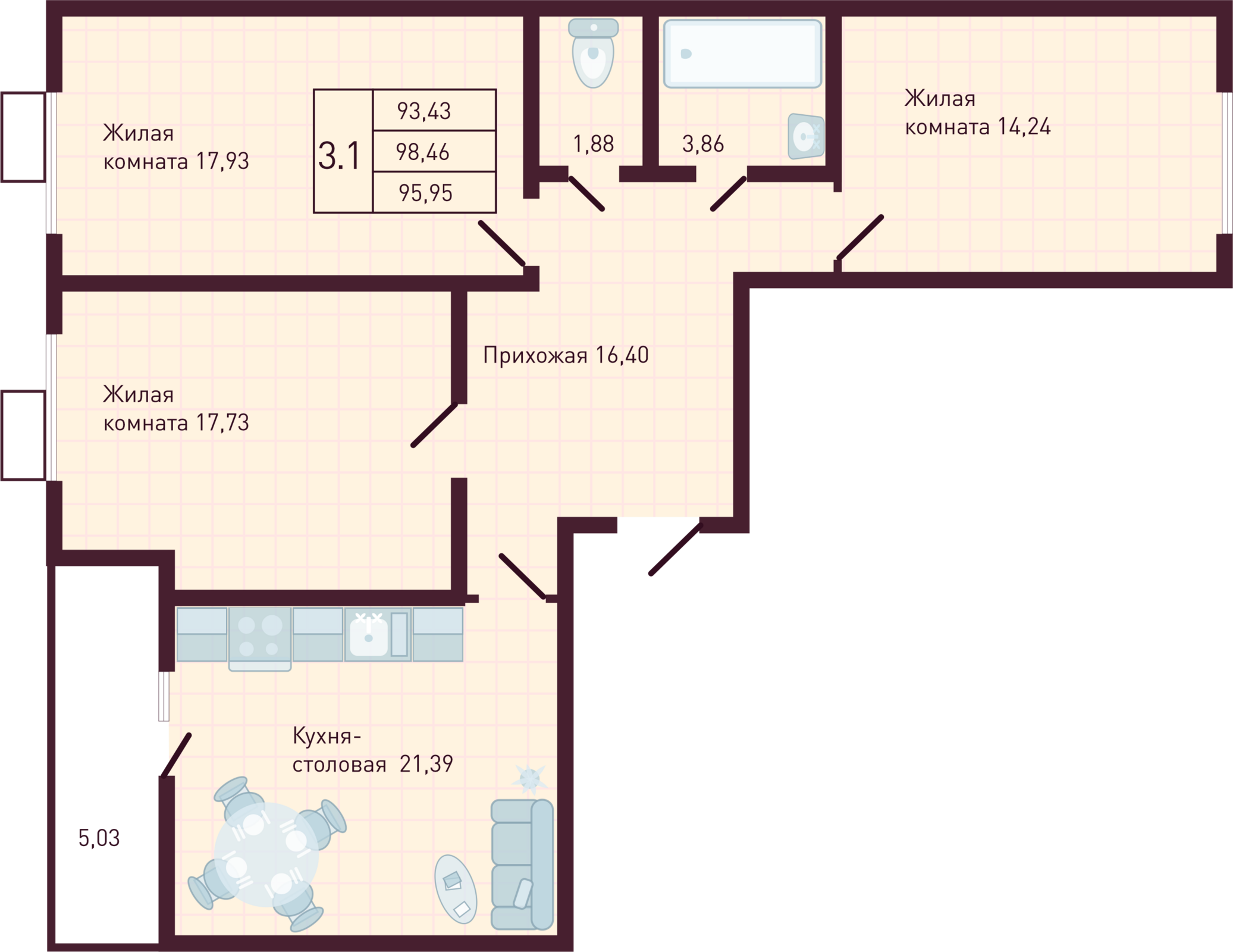 3-комнатная 95 м2 в ЖК Бетховен корпус null этаж 7