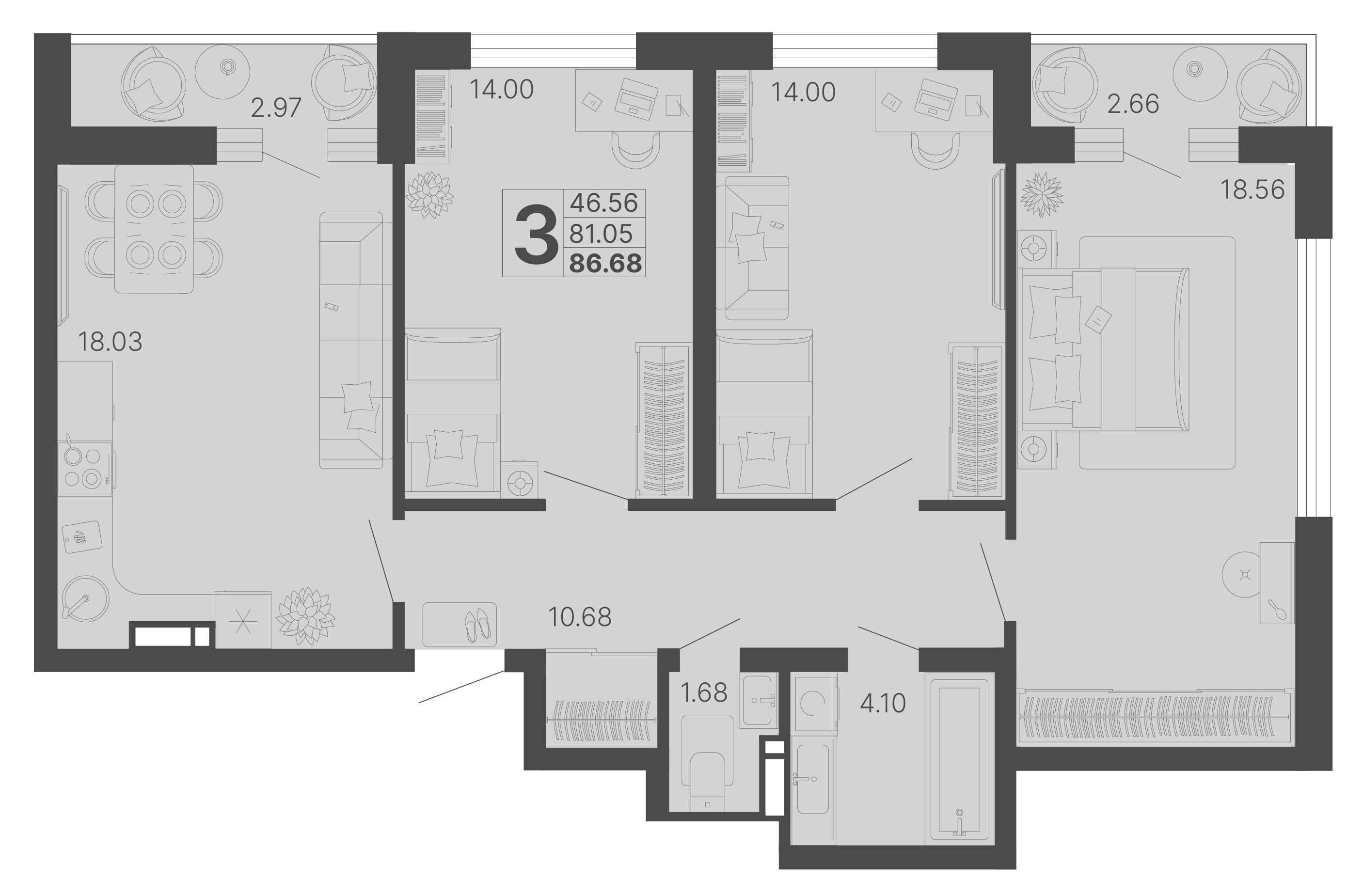 3-комнатная 86 м2 в ЖК Светский лес корпус null этаж 9