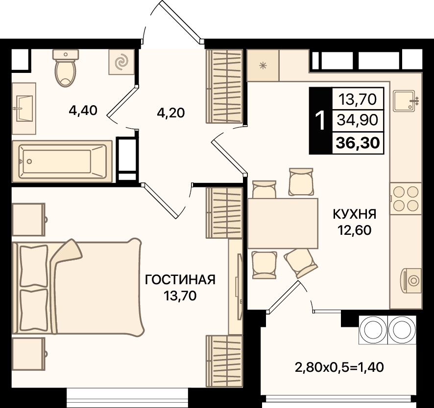 1-комнатная 36 м2 в ЖК Движение61 корпус null этаж 18