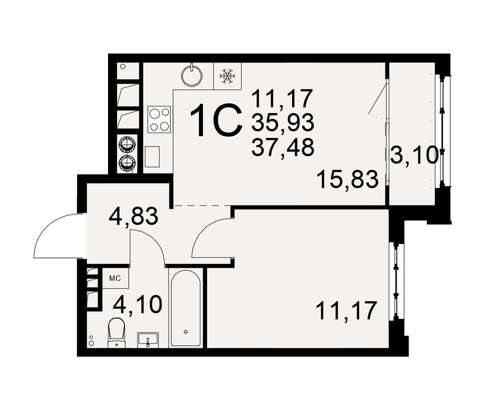 1-комнатная 35 м2 в ЖК Медиана корпус null этаж 9