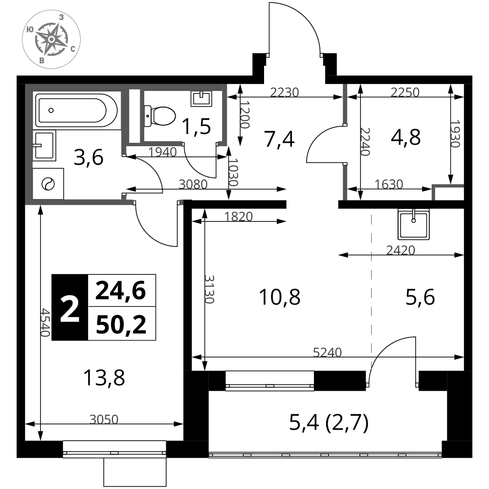 2-комнатная 50 м2 в ЖК 1-й Донской корпус null этаж 11