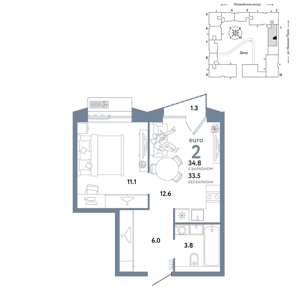 2-комнатная 34 м2 в ЖК Страна.Заречная корпус null этаж 4