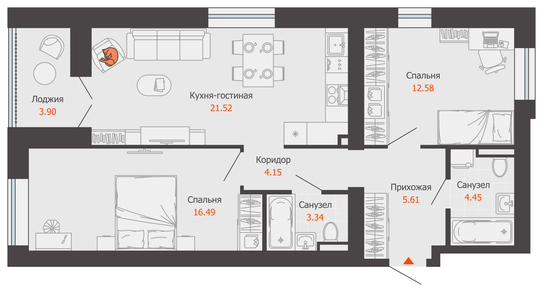3-комнатная 70 м2 в ЖК Камаполис корпус null этаж 3