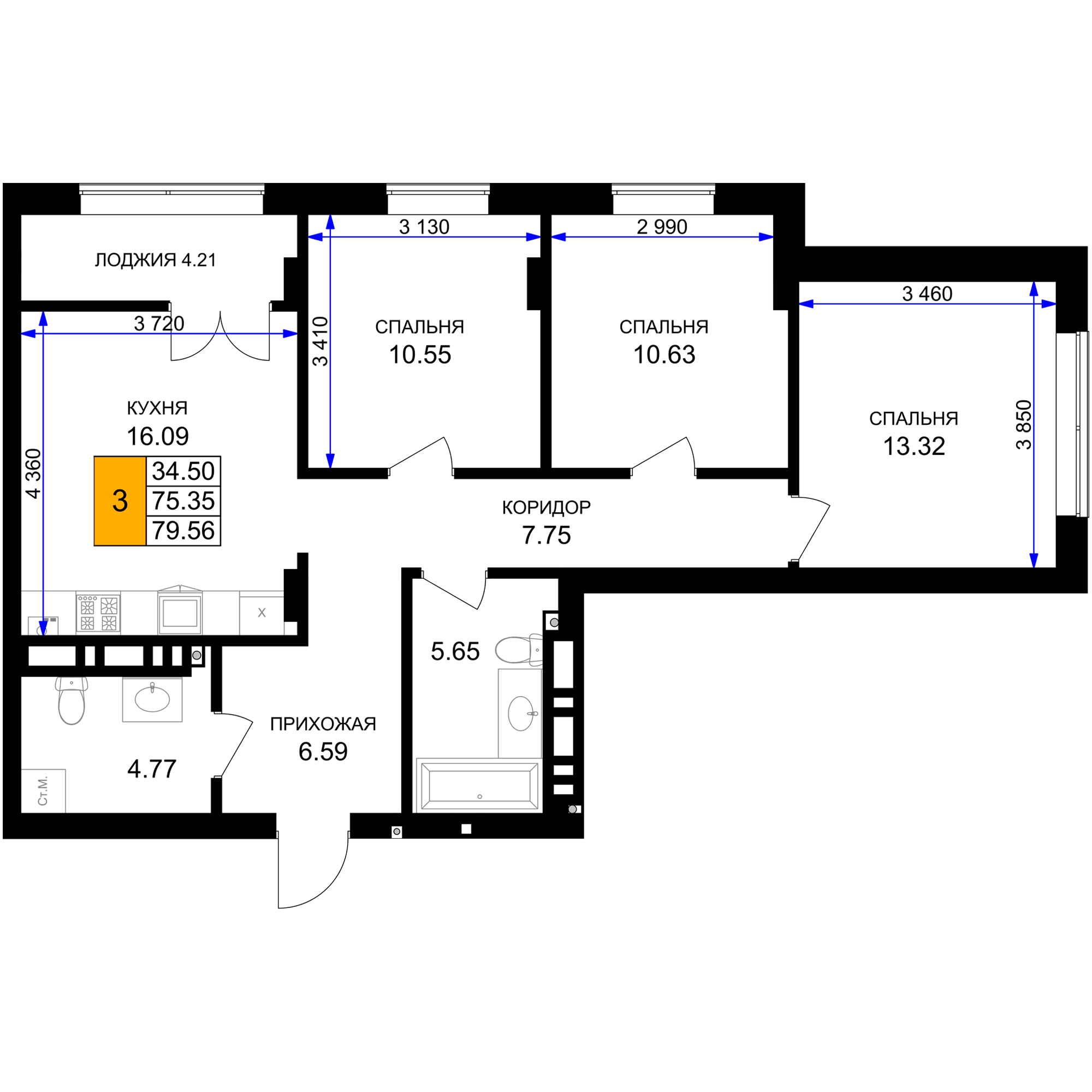 3-комнатная 77 м2 в ЖК Включи корпус null этаж 3