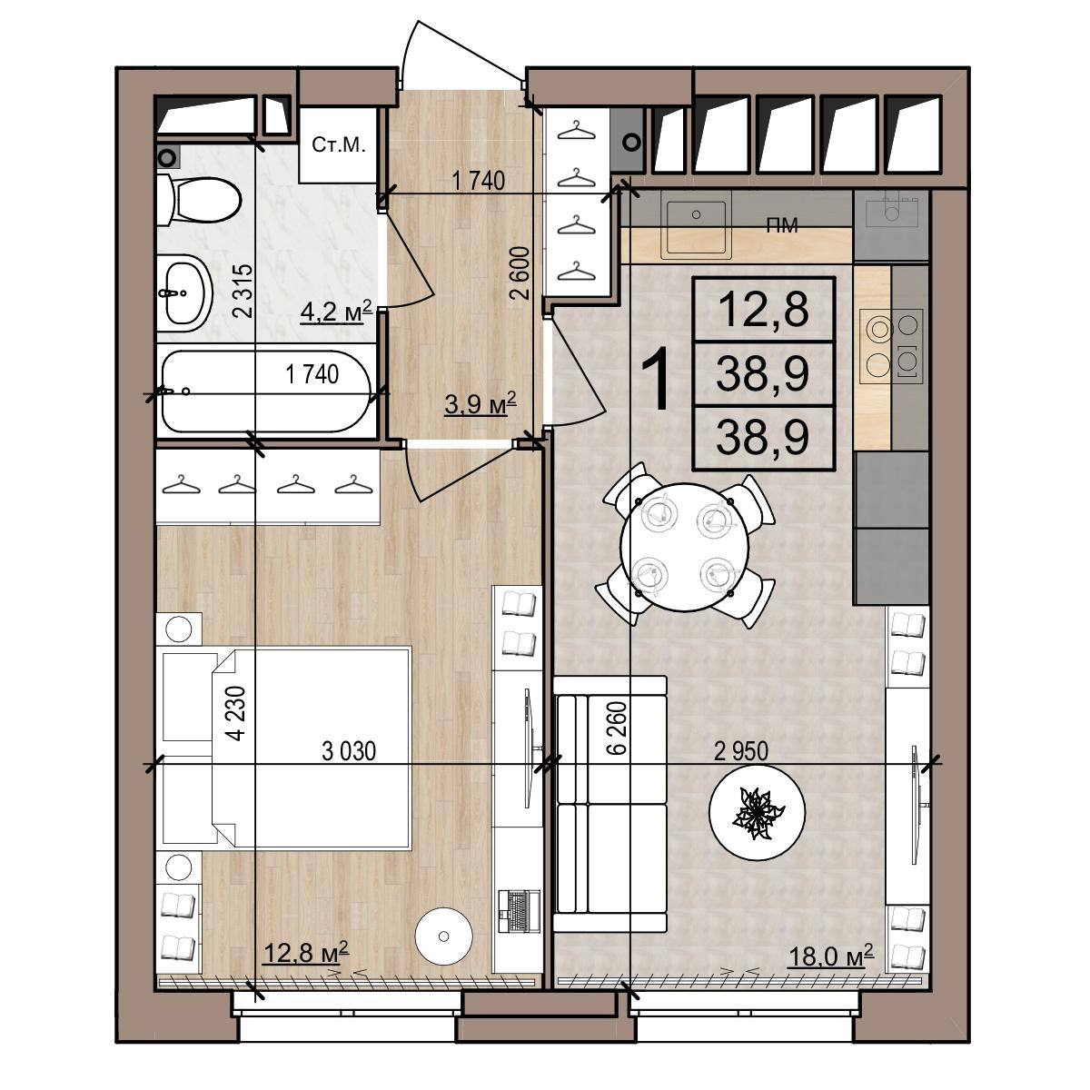 1-комнатная 38 м2 в ЖК Полярная звезда корпус null этаж 14