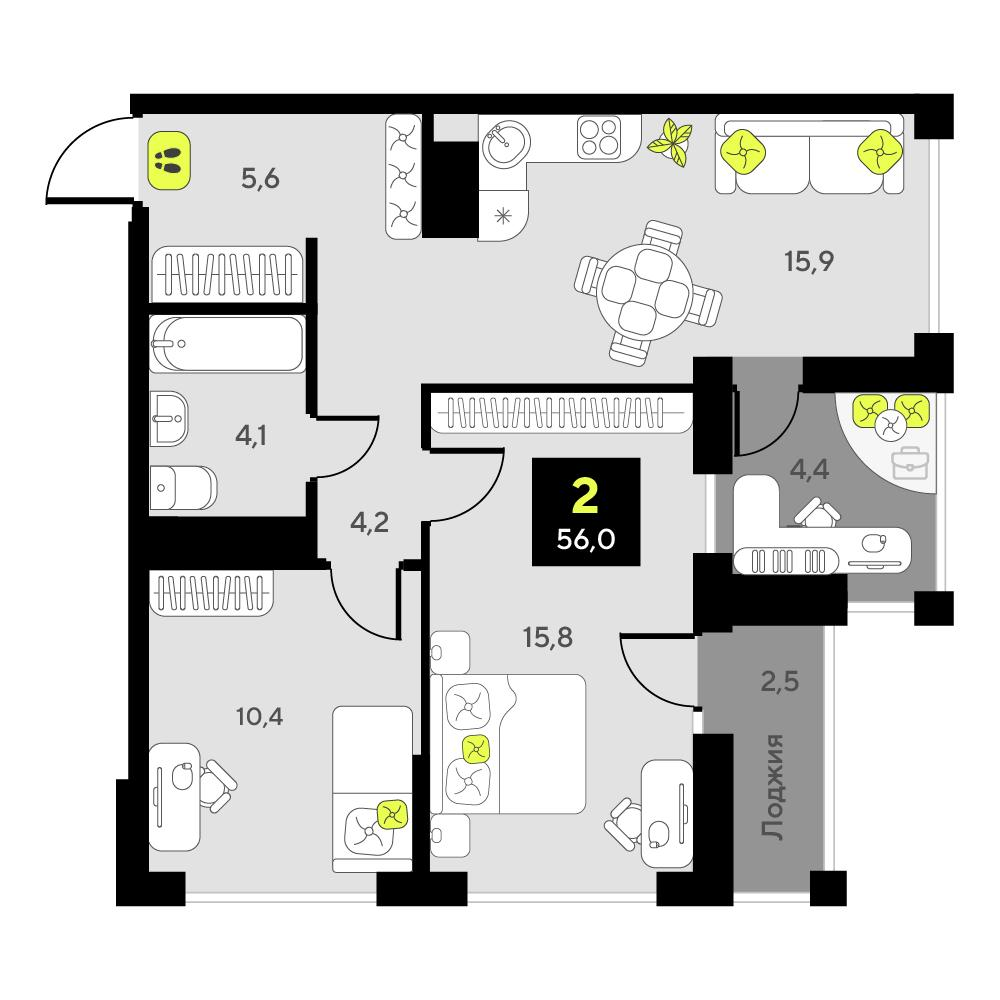 2-комнатная 56 м2 в ЖК Мотивы корпус null этаж 2