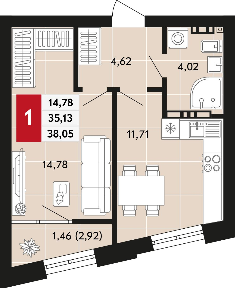 1-комнатная 38 м2 в ЖК Невский корпус null этаж 9