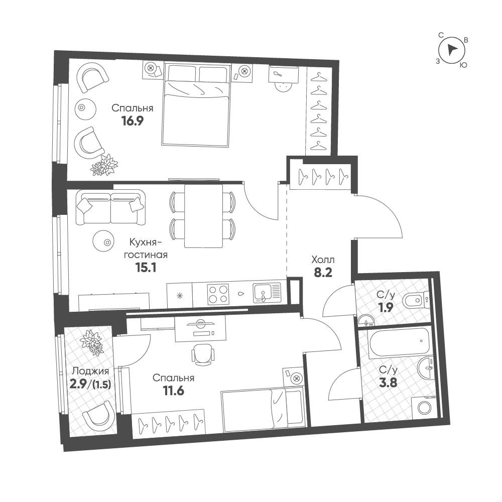 2-комнатная 59 м2 в ЖК Ягодное Река Парк корпус null этаж 2