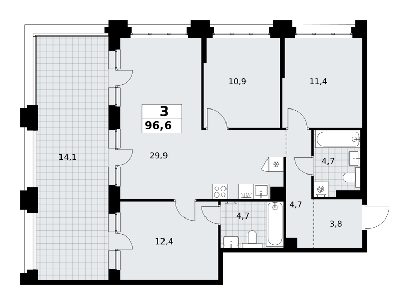 3-комнатная 96 м2 в ЖК Хольм корпус null этаж 13