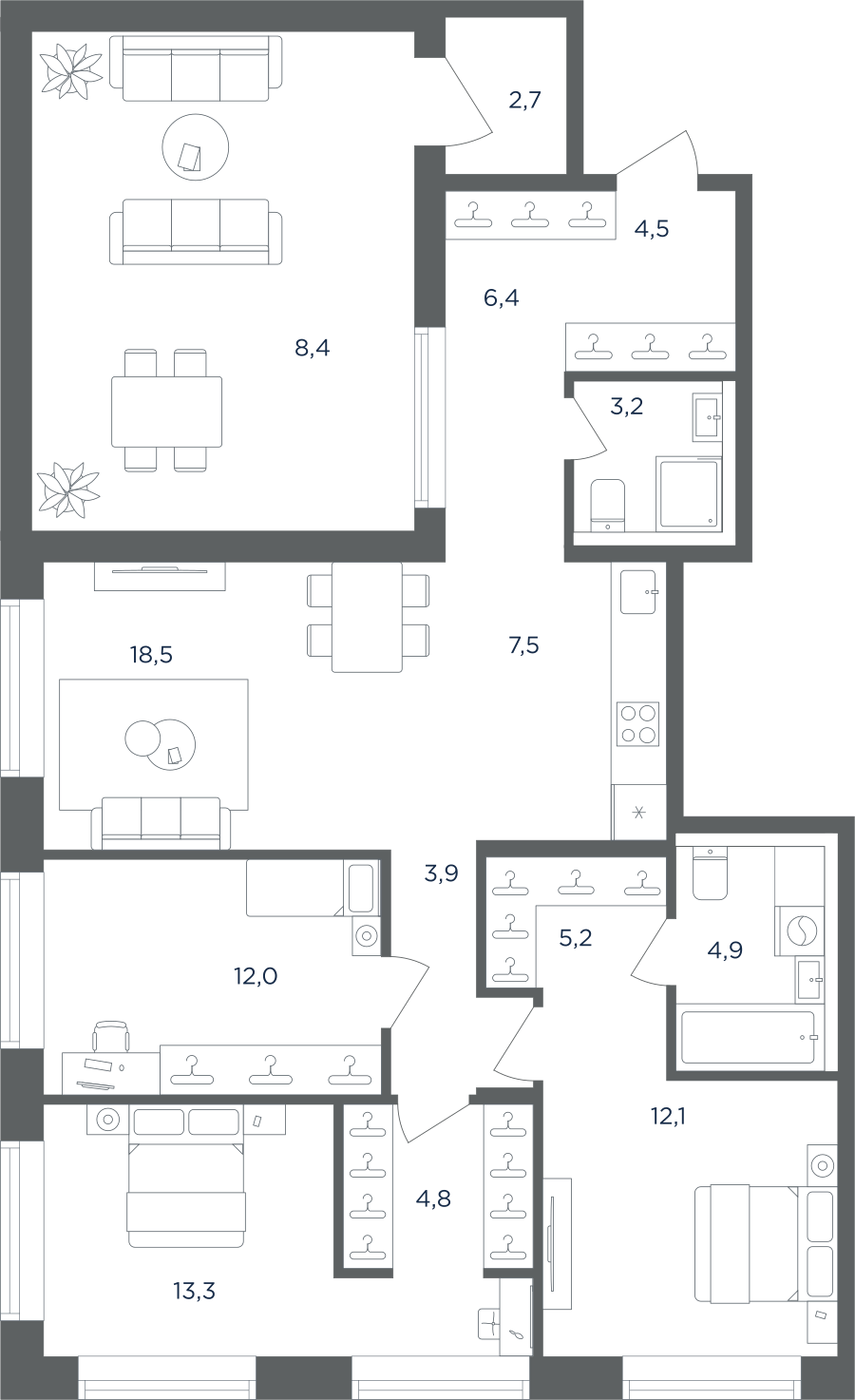 4-комнатная 107 м2 в ЖК Равновесие корпус null этаж 6
