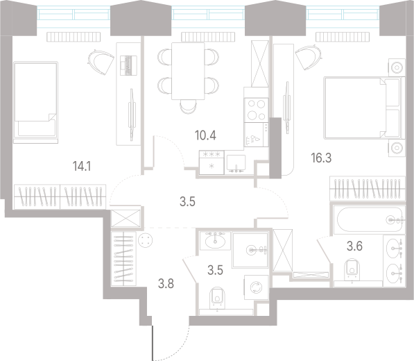 2-комнатная 55 м2 в ЖК КОД Сокольники корпус null этаж 14