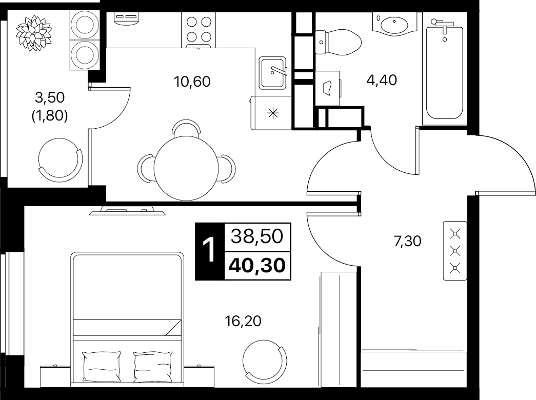 1-комнатная 40 м2 в ЖК Эстет корпус null этаж 15