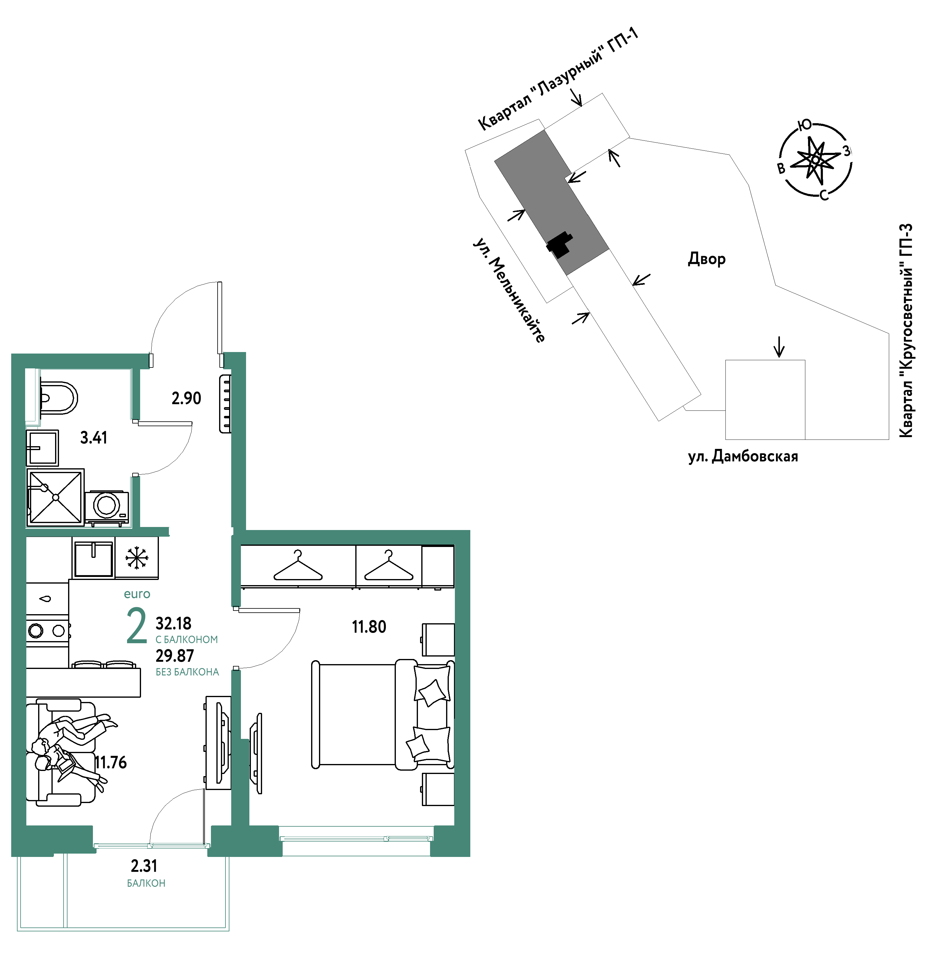 2-комнатная 32 м2 в ЖК Страна.Прибрежная корпус null этаж 6
