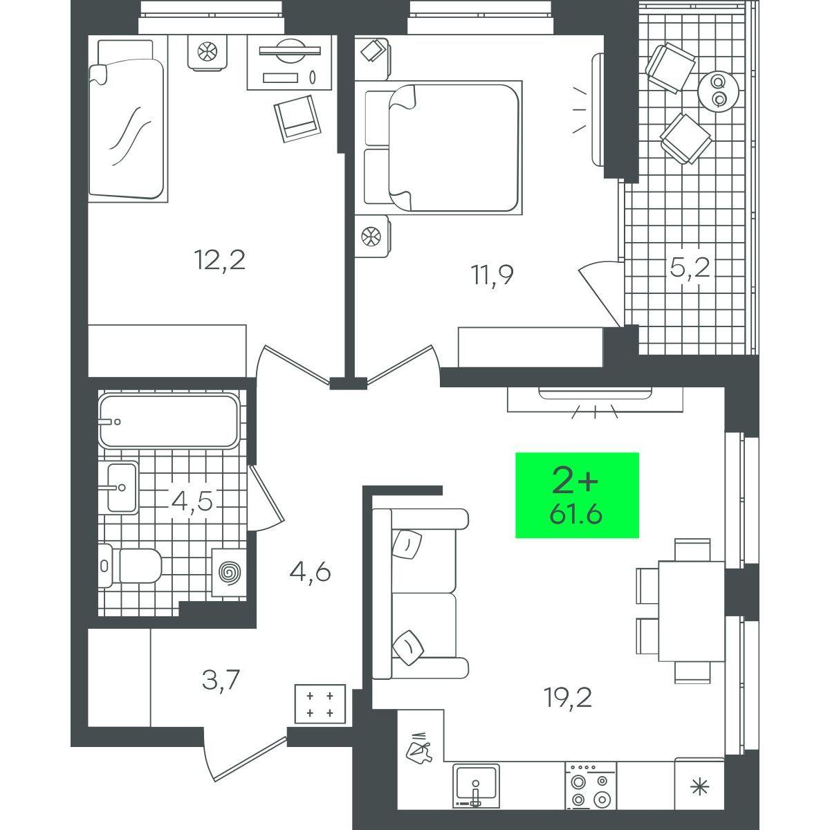 2-комнатная 61 м2 в ЖК Гранд Квартал корпус null этаж 13