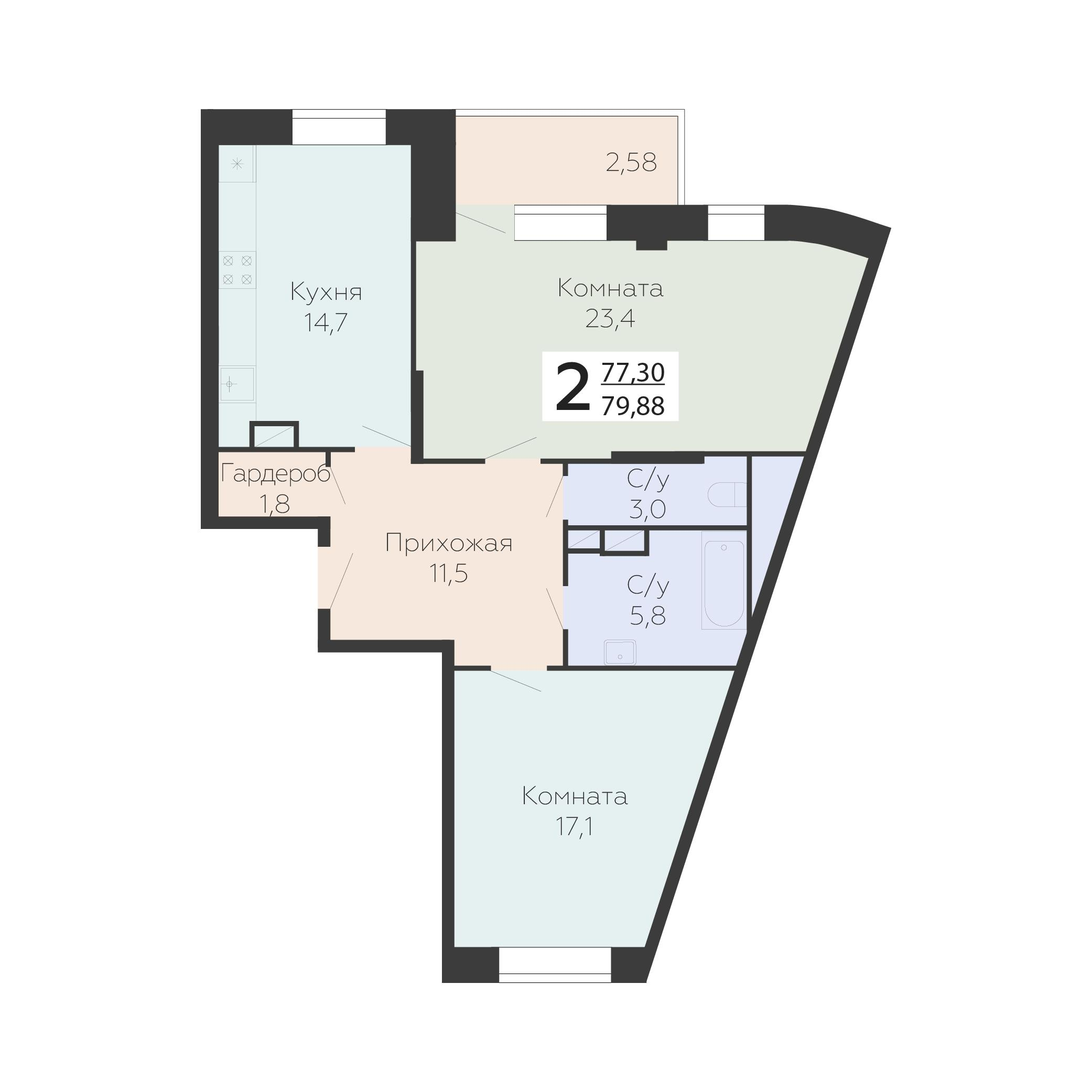 2-комнатная 79 м2 в ЖК Онегин корпус null этаж 10