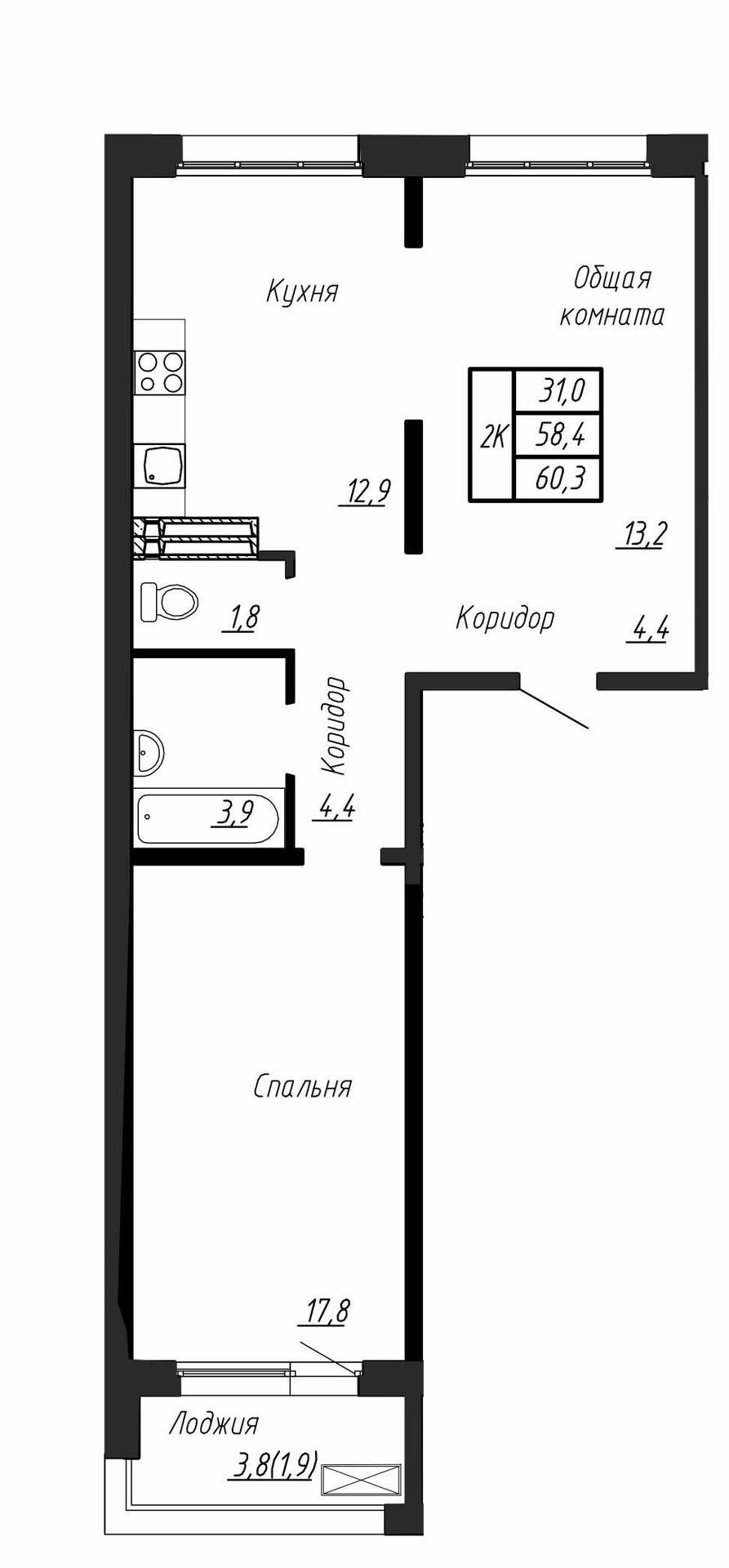 2-комнатная 60 м2 в ЖК Сибирь корпус null этаж 17
