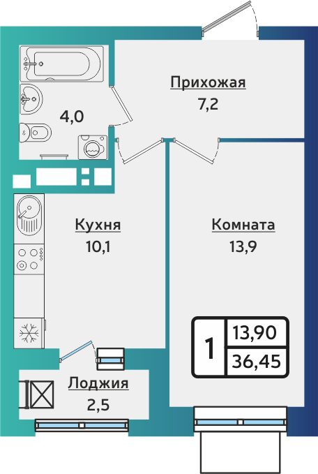 1-комнатная 36 м2 в ЖК ARTNOVA корпус null этаж 17