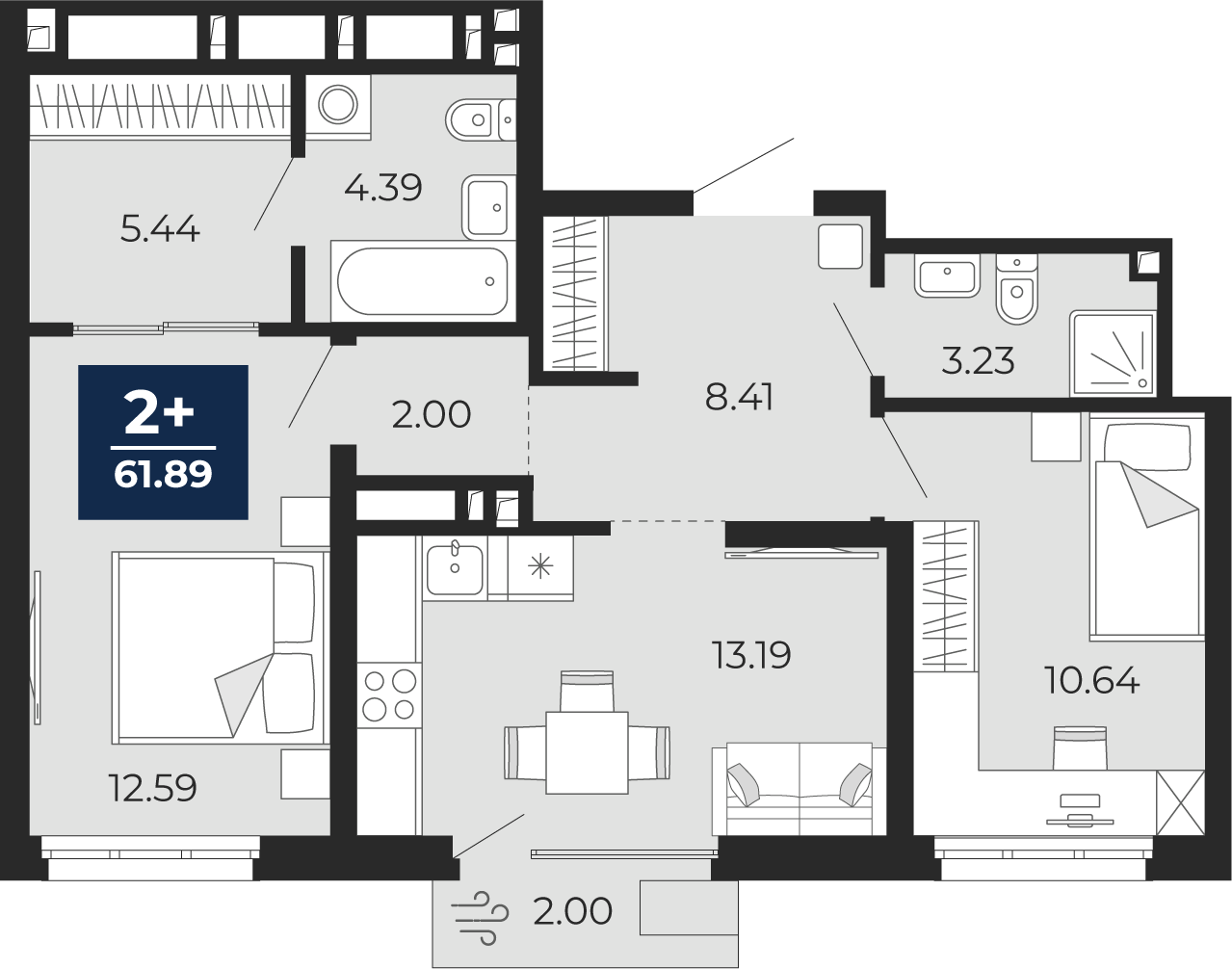 2-комнатная 59 м2 в ЖК Беринг корпус null этаж 13