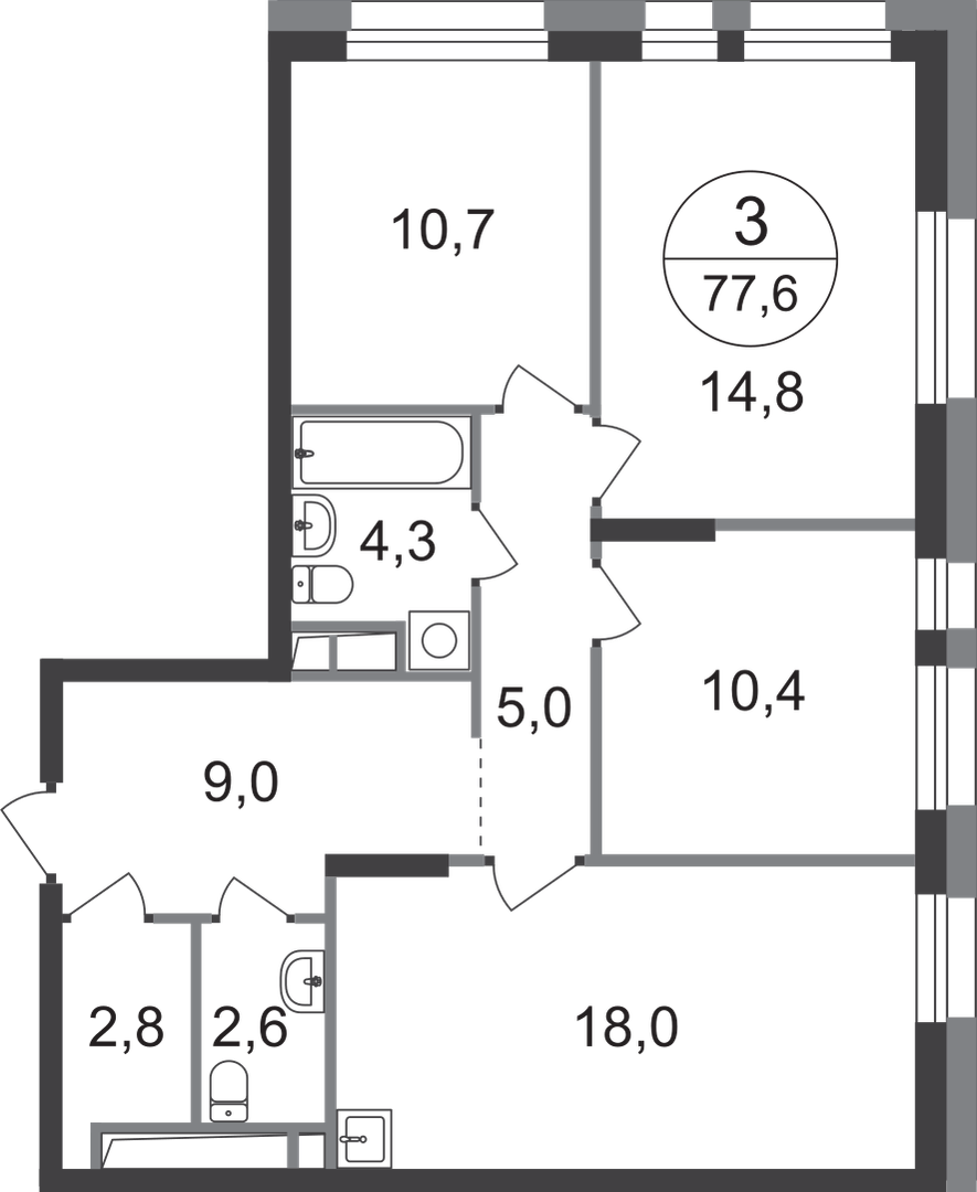 3-комнатная 77 м2 в ЖК Первый Московский корпус null этаж 14