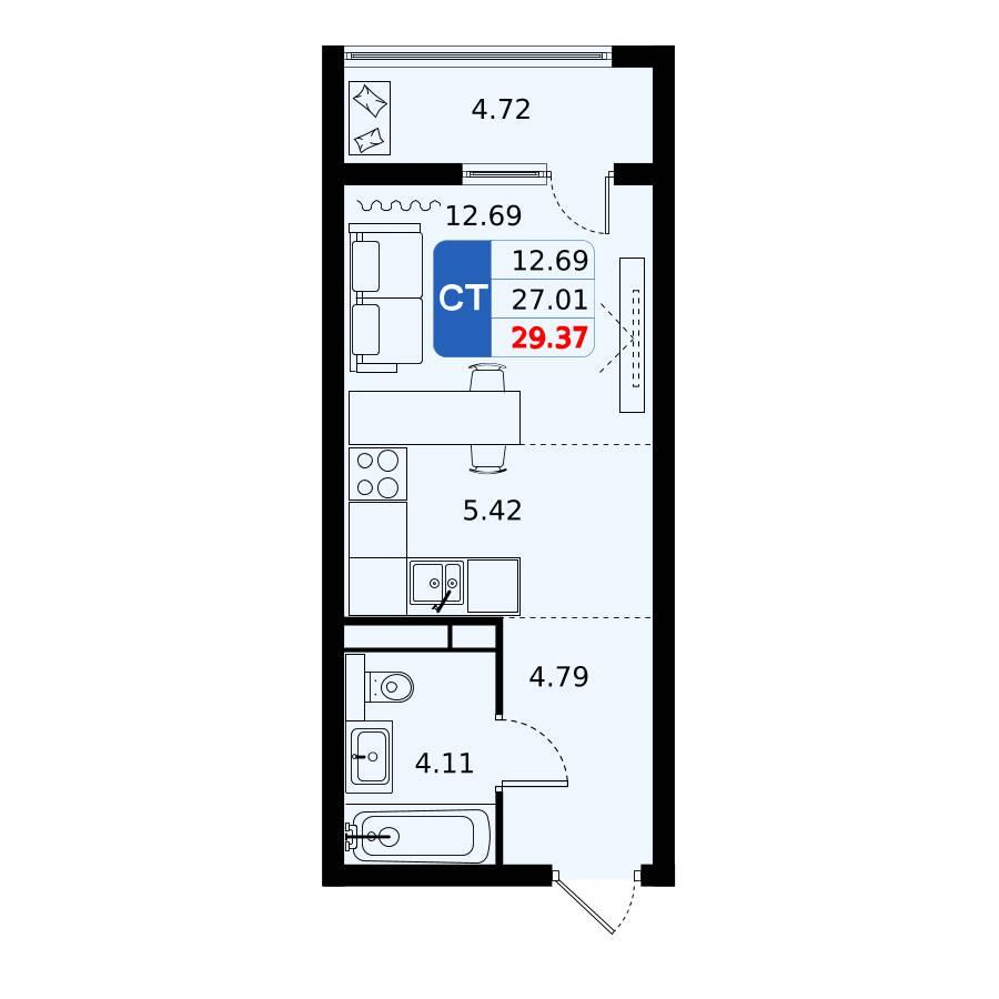 Студия 28 м2 в ЖК Домодедово парк корпус null этаж 11