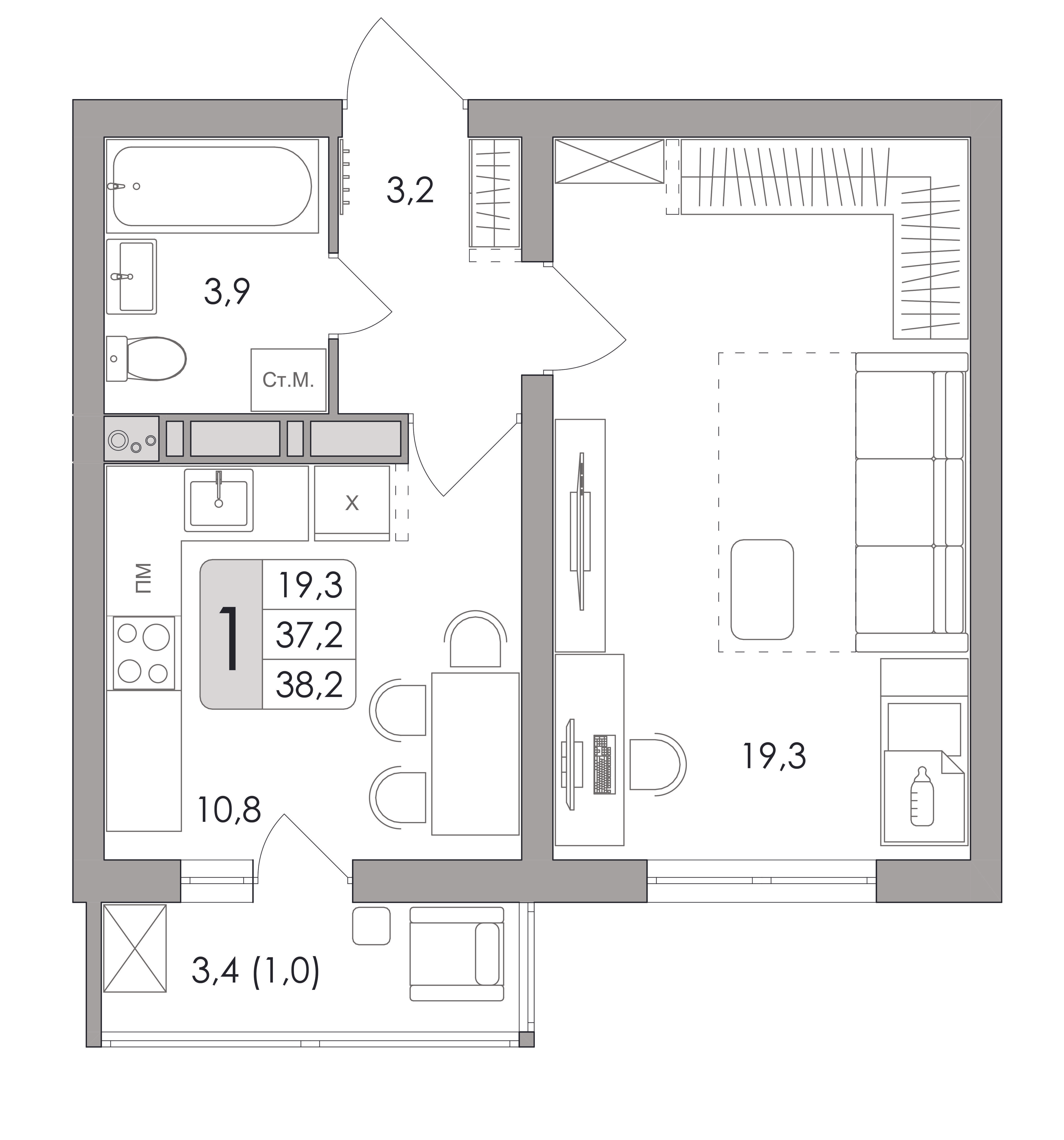 1-комнатная 38 м2 в ЖК Озерки корпус null этаж 15