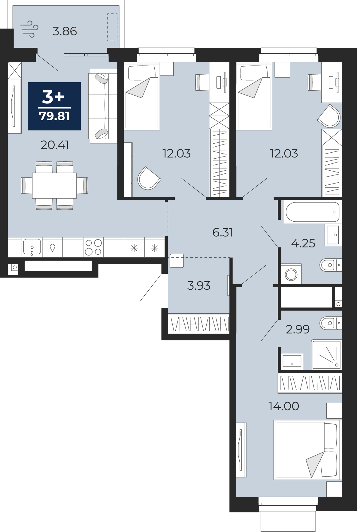 3-комнатная 75 м2 в ЖК Мириады корпус null этаж 10