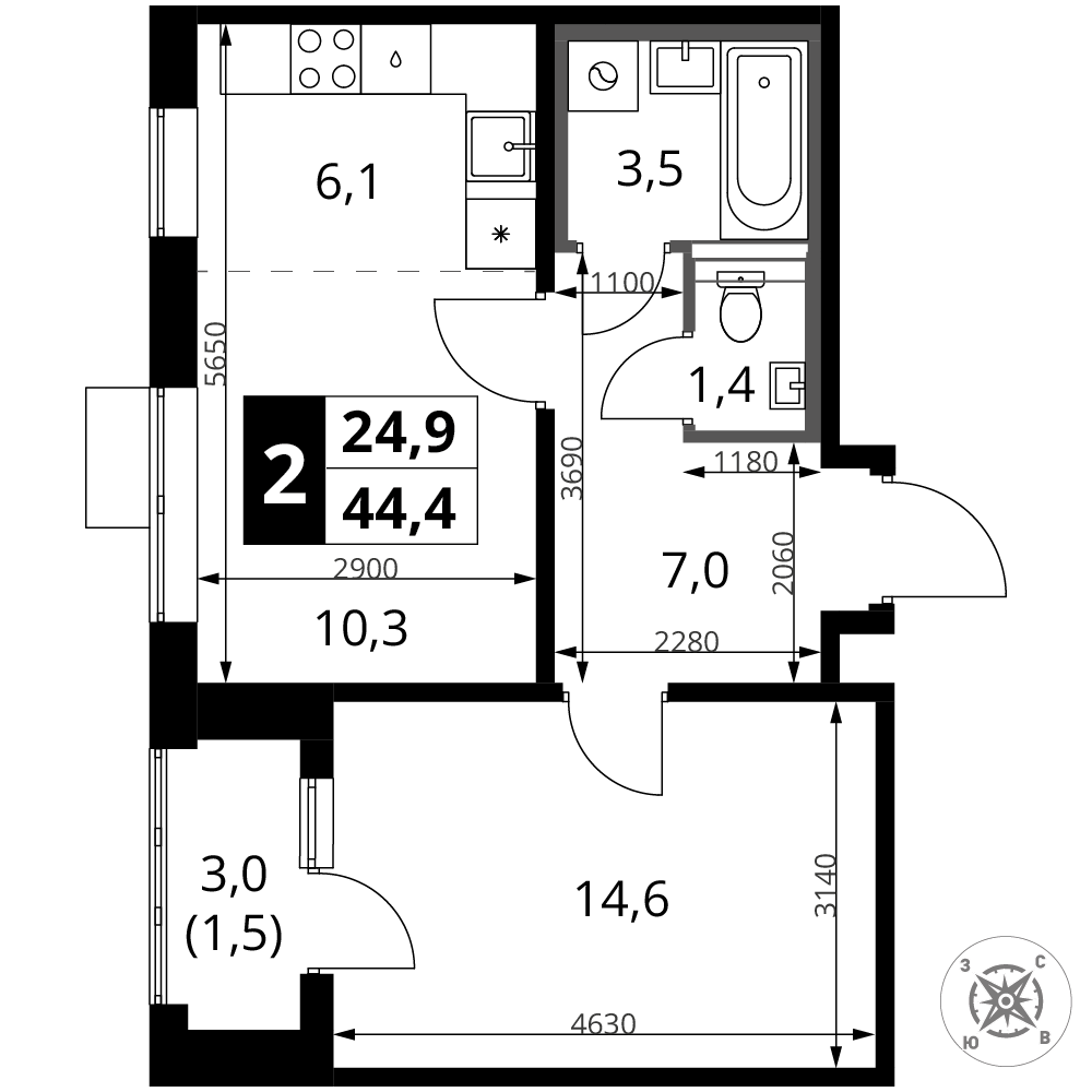 2-комнатная 44 м2 в ЖК 1-й Шереметьевский корпус null этаж 6