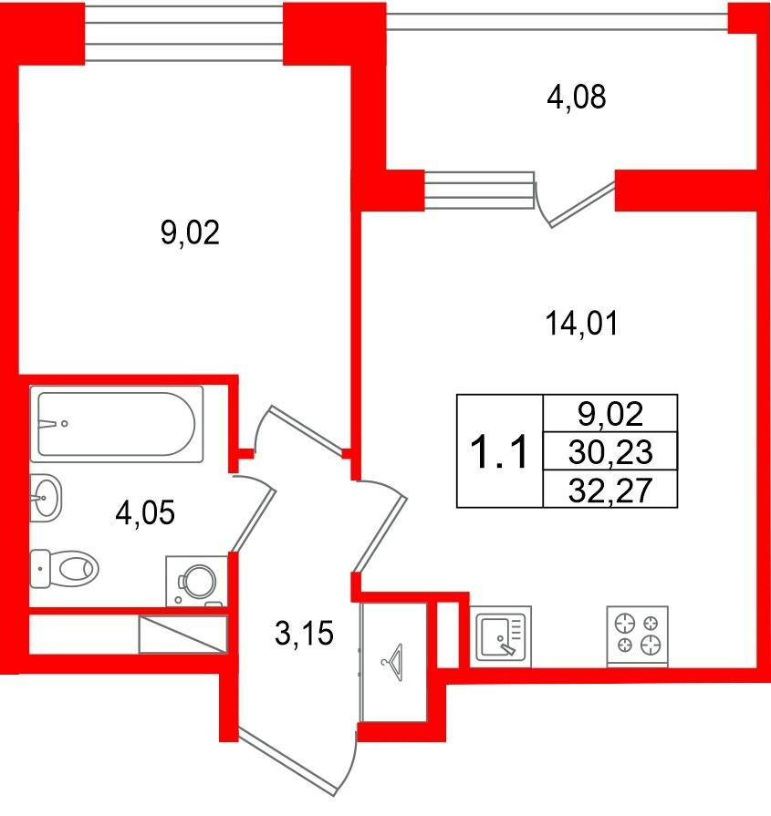 1-комнатная 30 м2 в ЖК Астра Континенталь корпус null этаж 2