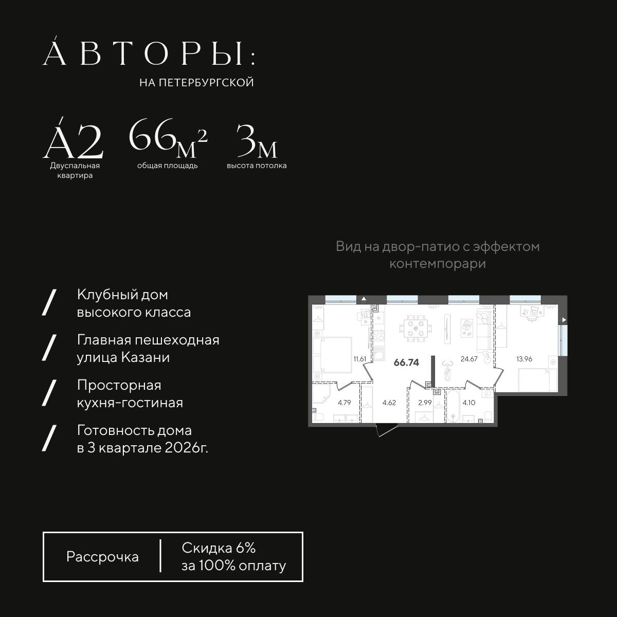 2-комнатная 66 м2 в ЖК Авторы на Петербургской корпус null этаж 2