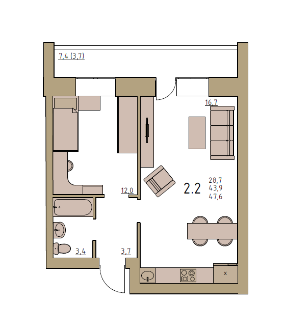 1-комнатная 44.4 м2 в ЖК undefined корпус null этаж 2