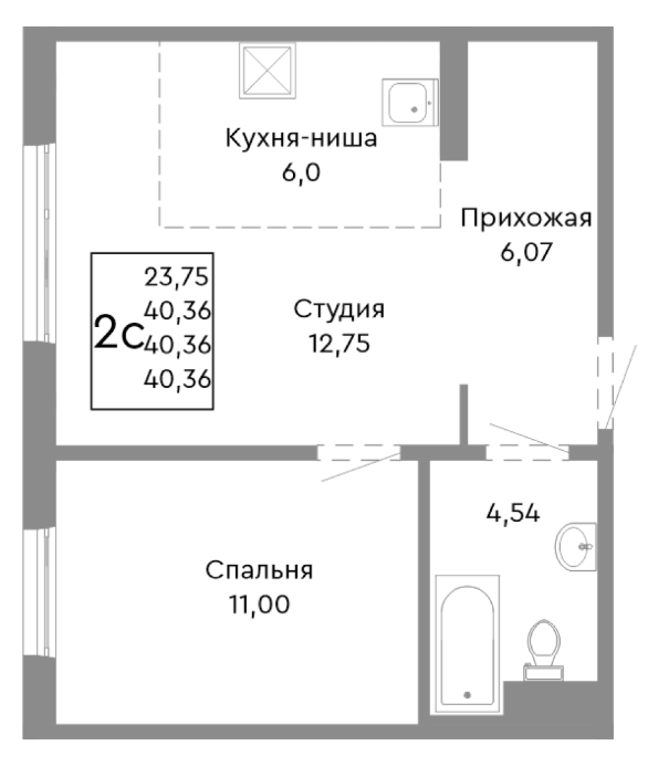 2-комнатная 40 м2 в ЖК undefined корпус null этаж 3