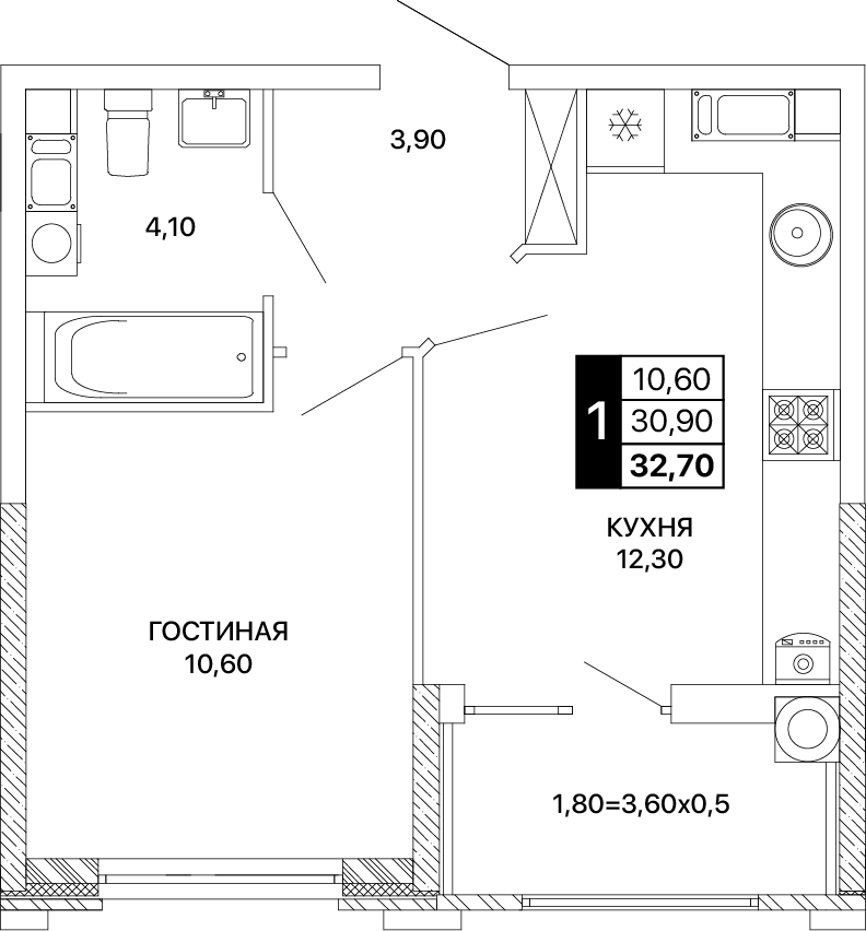 1-комнатная 32 м2 в ЖК Сияние корпус null этаж 4