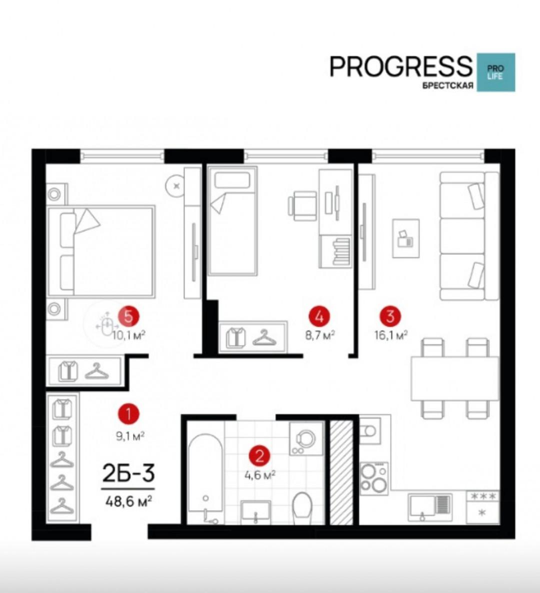 2-комнатная 49 м2 в ЖК undefined корпус null этаж 4